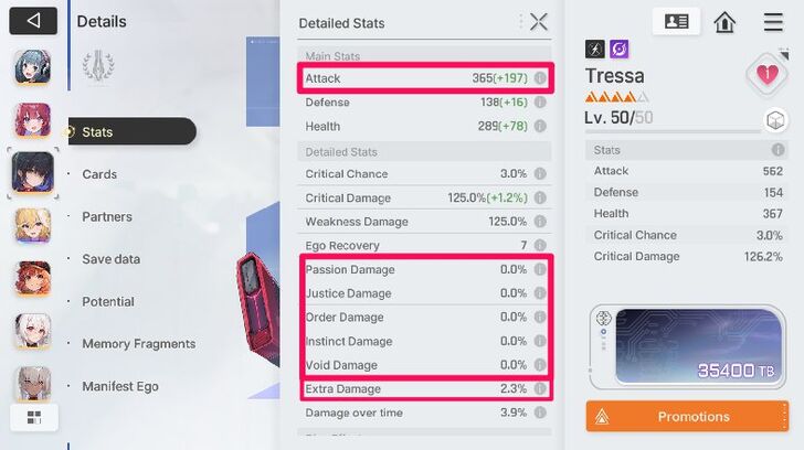 Chaos Zero Nightmare - Detailed Stats Tressa