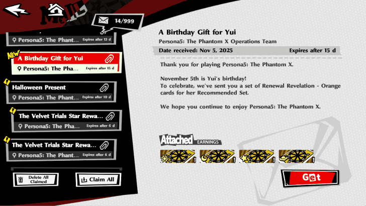 P5X - Mail - Yui Gifts