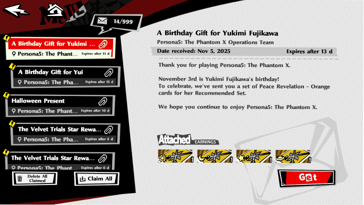 P5X - Mail - Yukimi Gifts