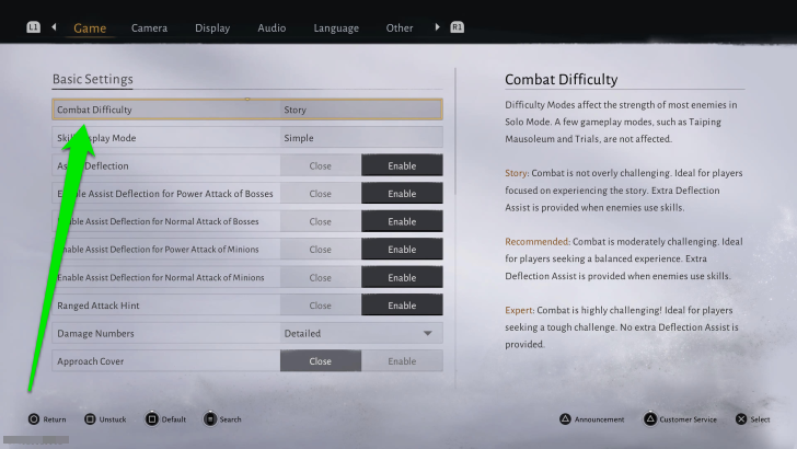 Combat Difficulty in the Settings
