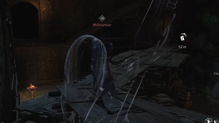 Wait for the militiaman to cross the central bridge