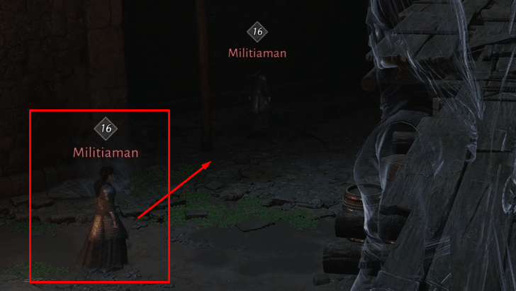 wait for the militaman beneath you to look right step