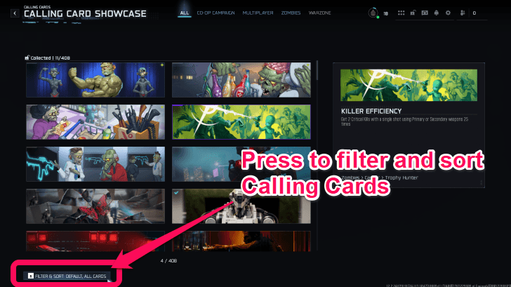 Calling Cards Filter and Sort