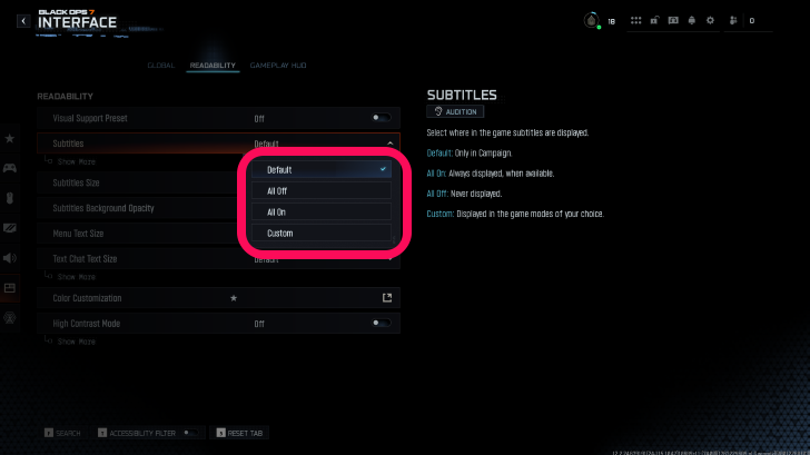 BO7 Subtitles Options