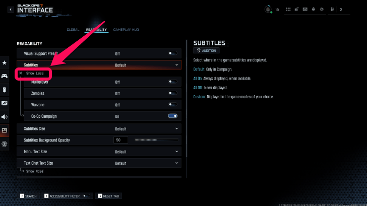 BO7 Show More Subtitle Menu