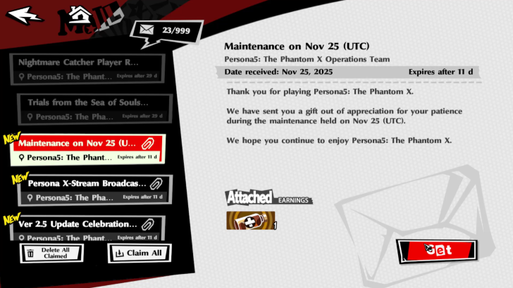 Persona 5 The Phantom X - 1st Mail Nov.25