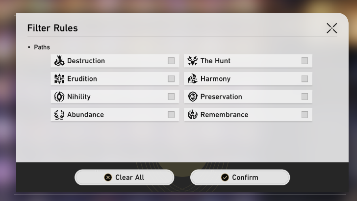 Honkai Star Rail - Filter Light Cones by Path