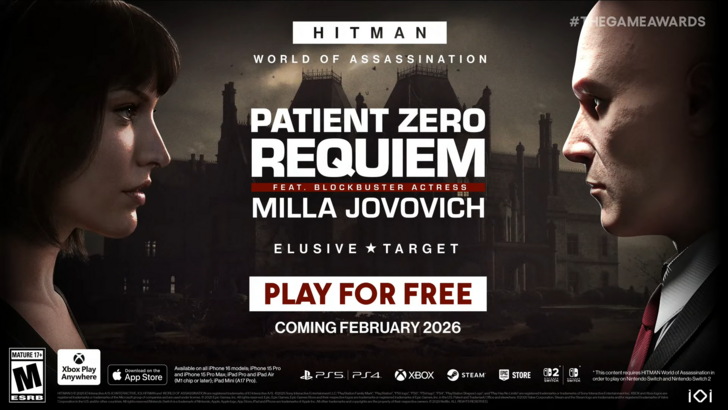 Milla Jovovich and Agent 47 facing off in the HITMAN World of Assassination Patient Zero Requiem announcement image