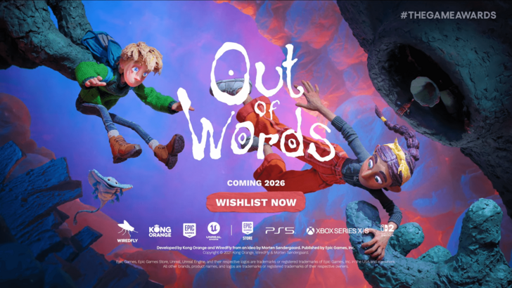Out of Words title card featuring protagonists and launch platforms