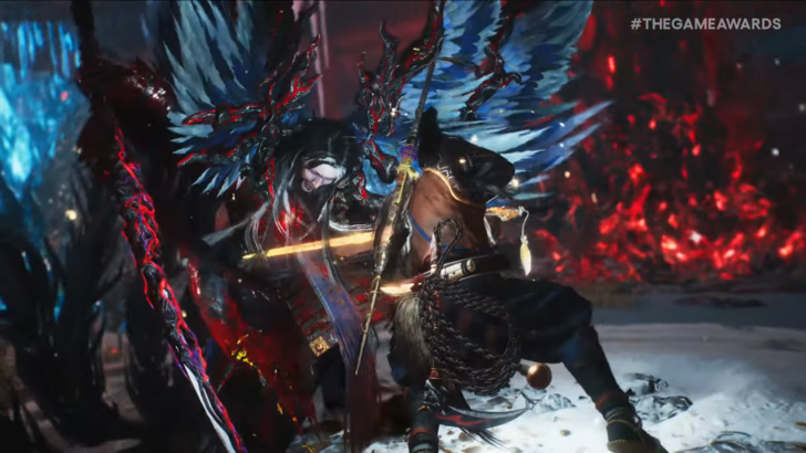 Nioh 3 combat showing the player character stabbing a winged enemy with a sword