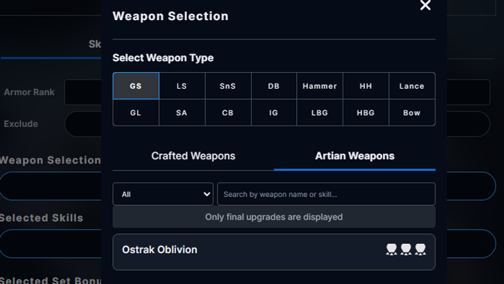 Gogma Artian Weapon Selection