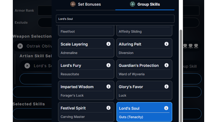 Gogma Artian Group Skill Selection