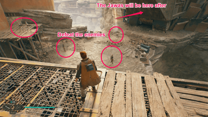 Defeat the final group of enemies to free the Jawas.png