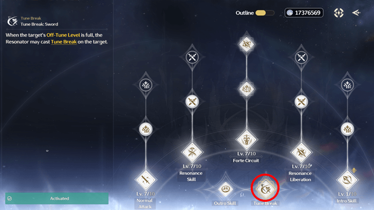 Tune Break Skill in Menu