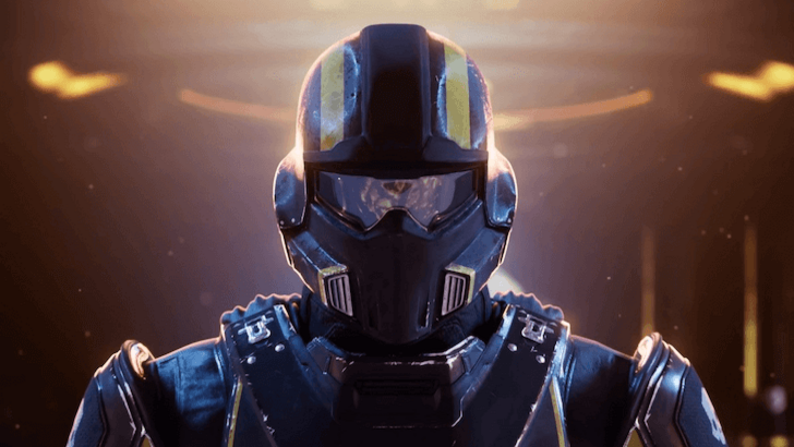 A close-up shot of a Helldiver in full armor
