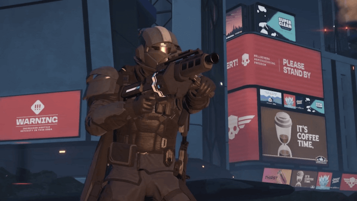 A Helldiver holding a firearm in the city
