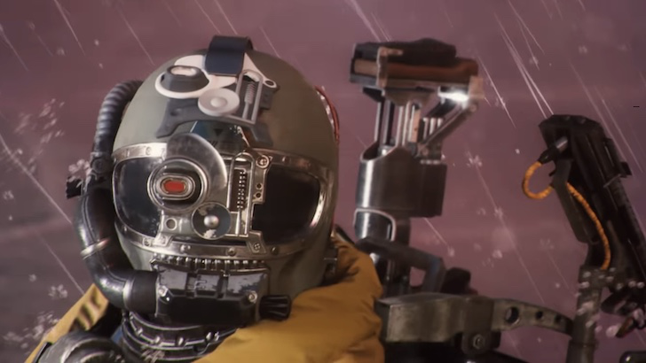 ARC Raiders character in a helmet under heavy rain