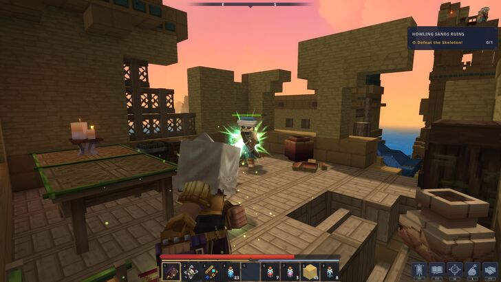 Hytale gameplay showing a player fighting with a skeleton archer
