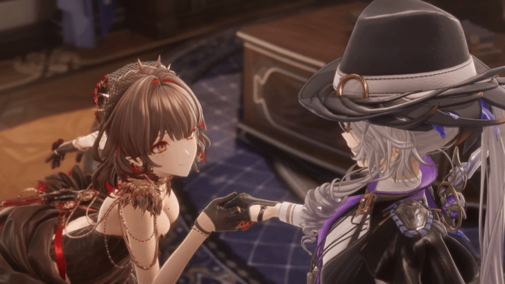 Red Rose from the game Silver Palace bowing and holding the hand of the protagonist