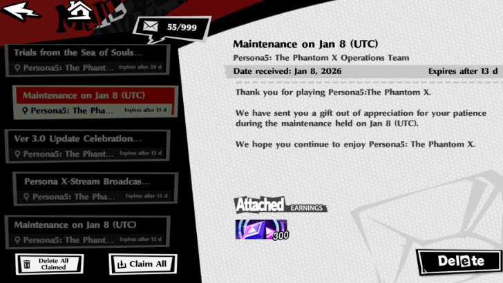 P5X - January 8 2026 Persona 5 X Maintenance Mail 1
