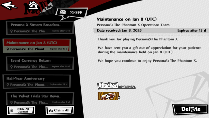 P5X - January 8 2026 Persona 5 X Maintenance Extension Mail 1