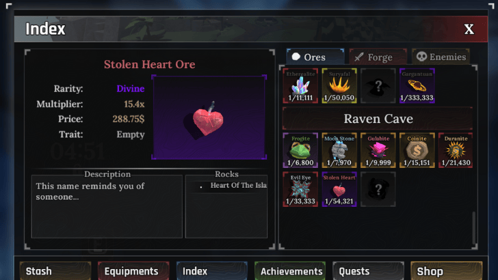 Stolen Heart Ore Index