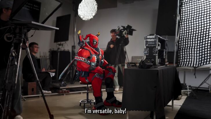 deadpool in the dev vision production chair he