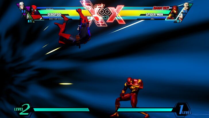 deadpool grabbing a health bar for his lvl 3 super marvel vs capcom 3