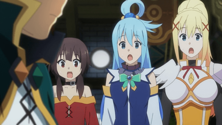 Yunyun, Aqua, Darkness looking shocked