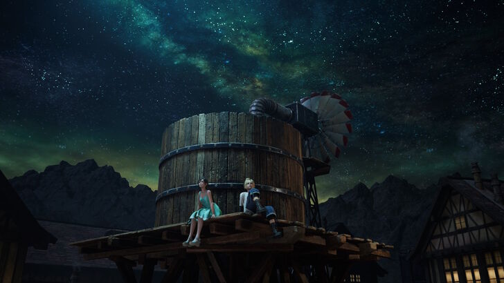 Final Fantasy 7 Remake Intergrade Cloud and Tifa on the Water Tower