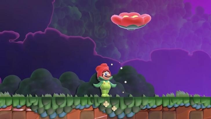 Mario in flower form with a rising flower platform