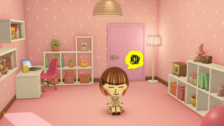 Mii siting alone in a pink room