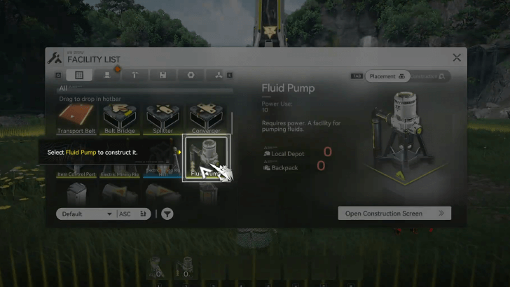 Use the Facility List to Construct a Fluid Pump