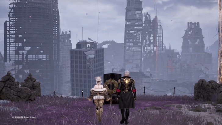 Lou and the player stand overlooking a ruined city skyline