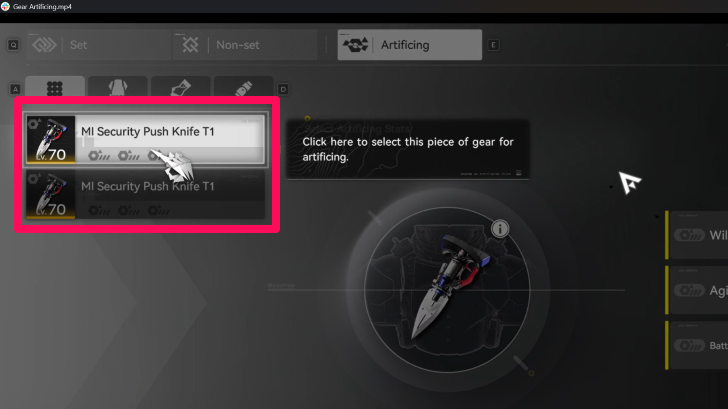 Artificing Gear Selection
