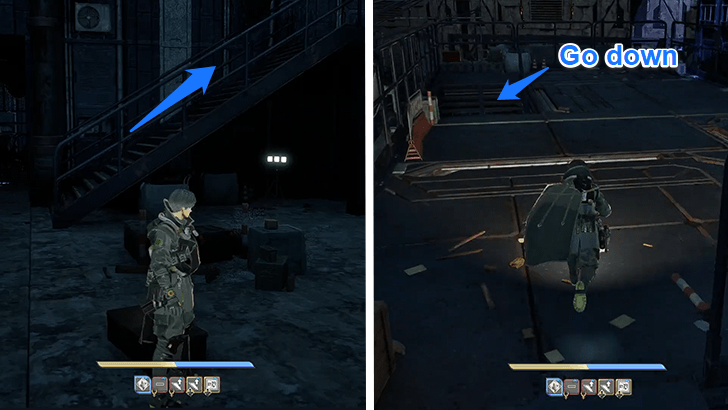 Enter the building using the stairs