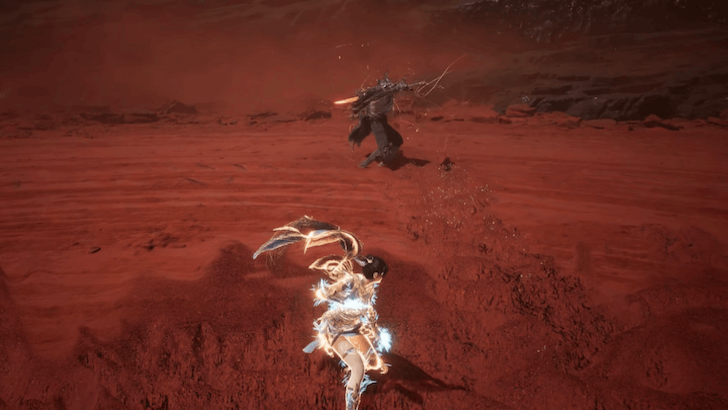 Nezha dashing across a red battlefield