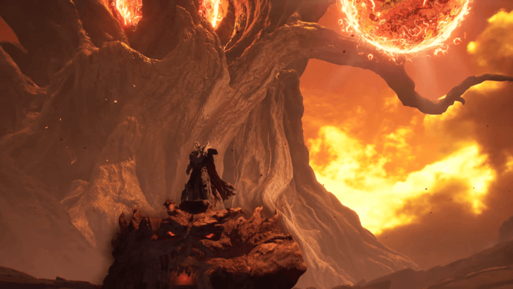 A ruined red landscape beneath a tree, with blazing suns looming overhead