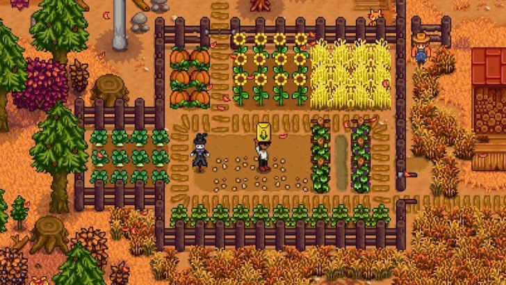A player planting crops during Fall