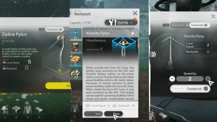 Craft Ziplines, Xiranite Pylons, and Xiranite Relays