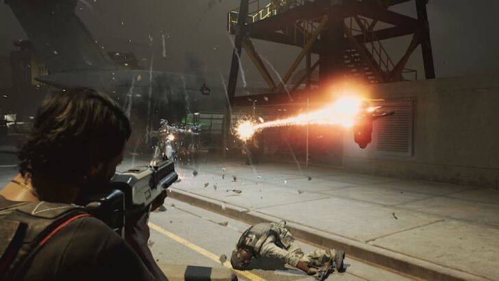 MindsEye combat scene with the player firing at enemies