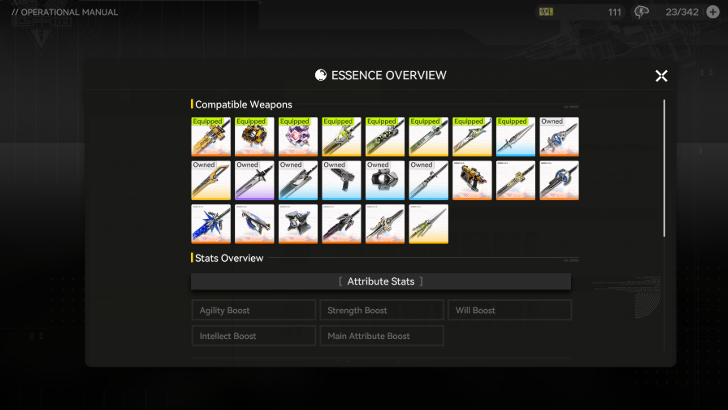 Weapons Tab in Essence Menu