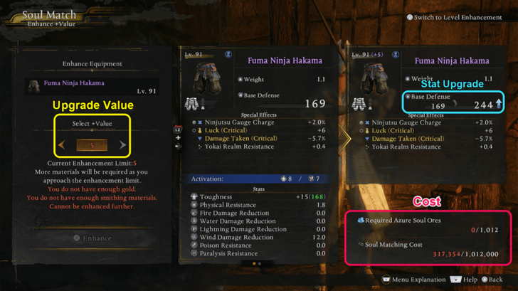 Soul Match Upgrade and Level Enhancement Menu