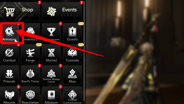 Go to the Menu and click on the Armoury tab.