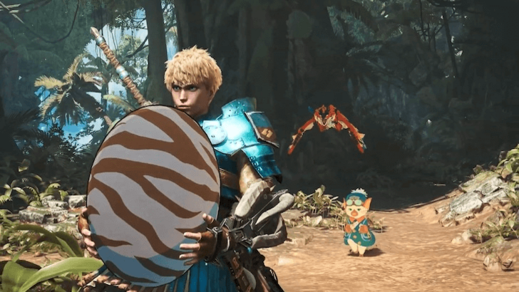 Hunter holding a large striped egg with Palico companions