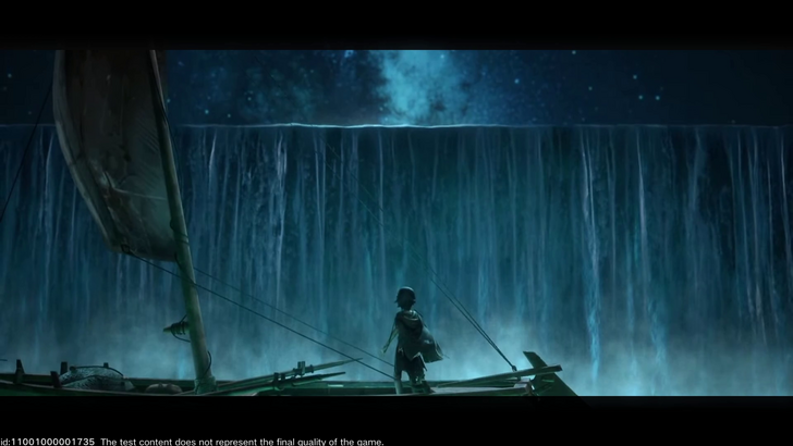 protagonist on a boat wearing rags witnessing a massive wall rise from the ocean floor