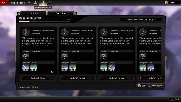 Clicking on Donation opens a menu where you can donate certain items to raise your Reputation Level.
