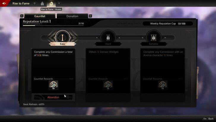 Clicking on Gauntlet allows you to choose between three quests that you must complete to raise your Reputation Level.