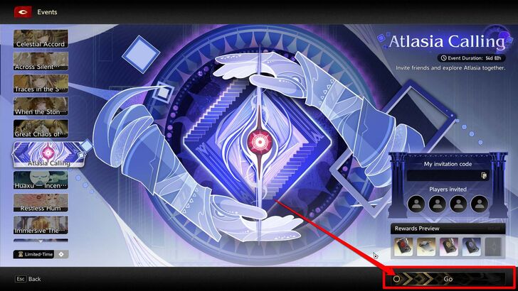 Open the Events menu from the Main Menu, select Atlasia Calling, and click Go to be redirected to the official website.