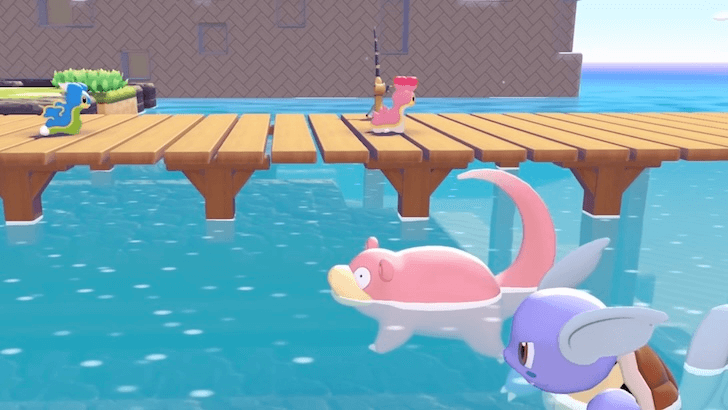 Wartortle and Slowpoke swimming with 2 more Pokémon on the dock behind